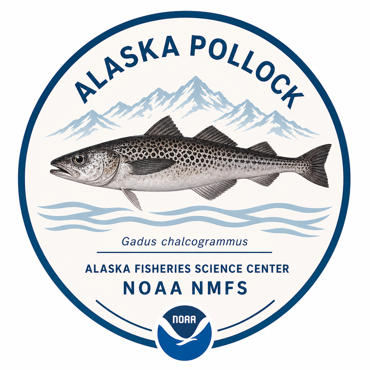 Circular Alaska Pollock mark showing a walleye pollock, mountain and water motifs, and Alaska Fisheries Science Center and NOAA NMFS identification.