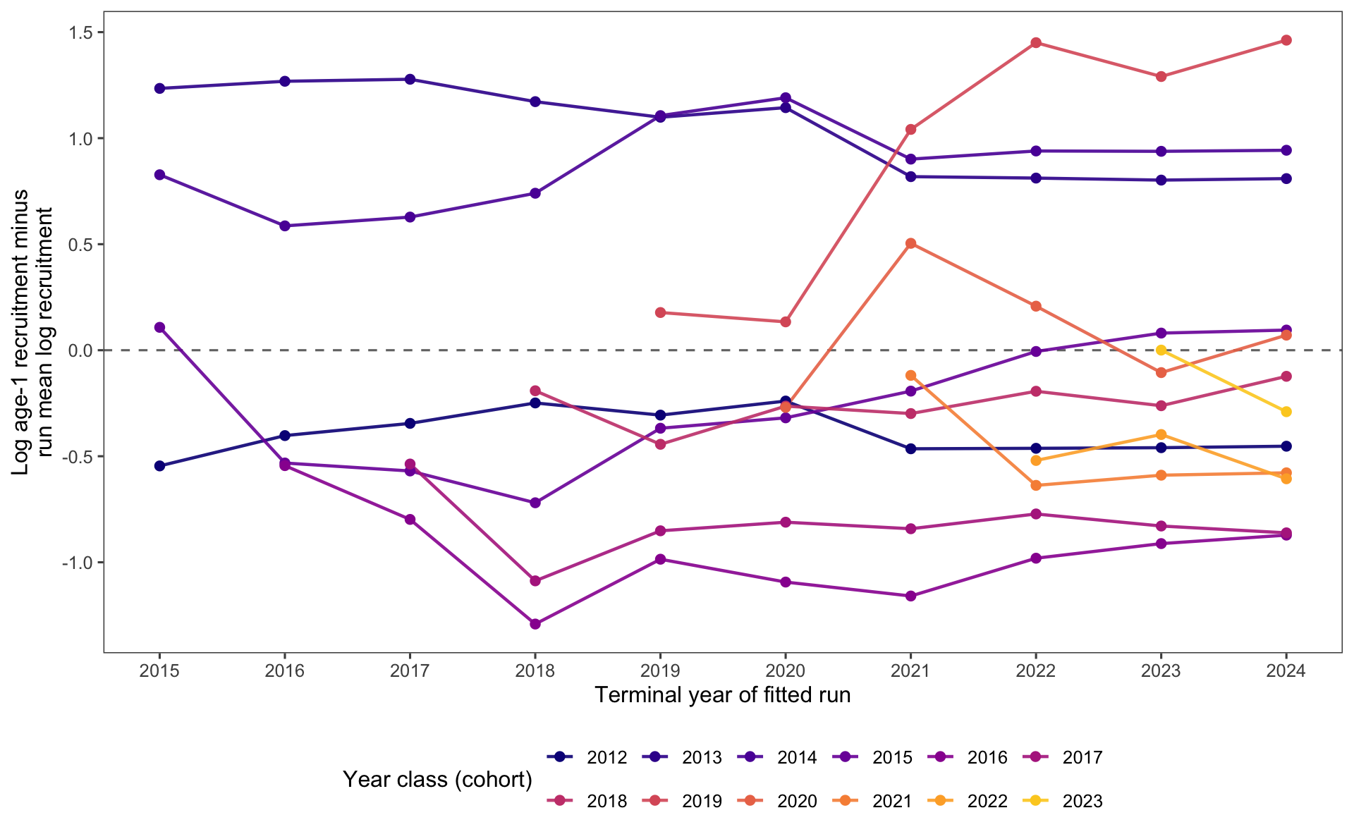 Squid plot of twelve age-1 recruitment cohorts, 2012 through 2023, across Rceattle fits ending in 2015 through 2024. Each cohort is a colored line with points, and the vertical axis shows logged recruitment after subtracting each run's mean logged recruitment. A dashed horizontal line marks the run-specific mean at zero; recent cohorts form progressively shorter lines because they enter fewer fitted runs.