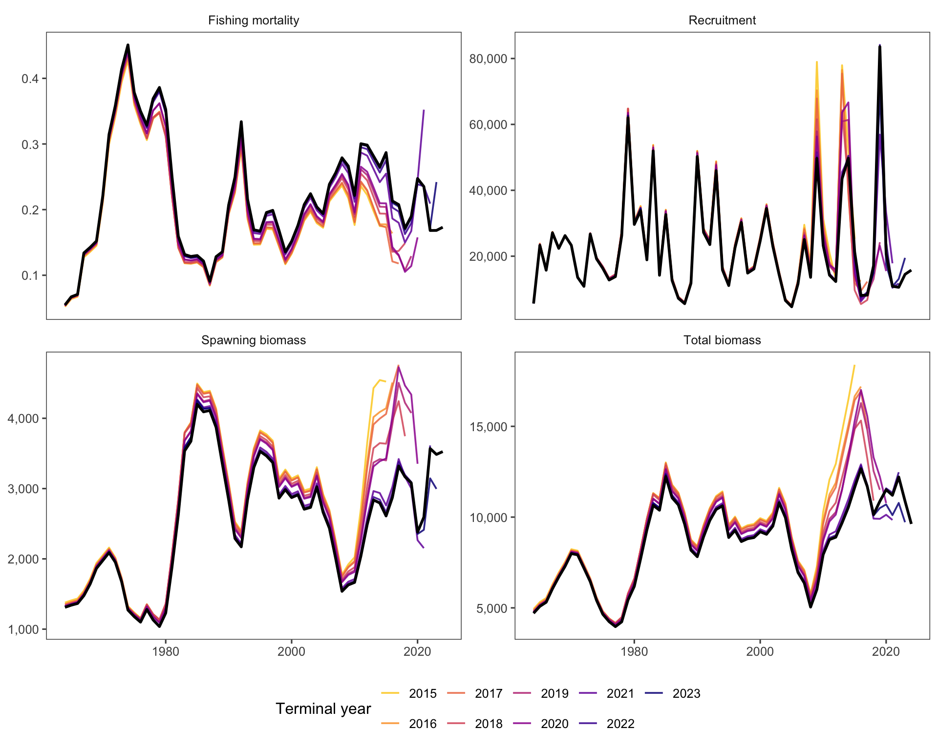Faceted line plots of spawning biomass, total biomass, recruitment, and fishing mortality for the 2024 Rceattle fit and nine retrospective peels. The peeled trajectories show moderate systematic departures from the base fit, especially for spawning biomass.