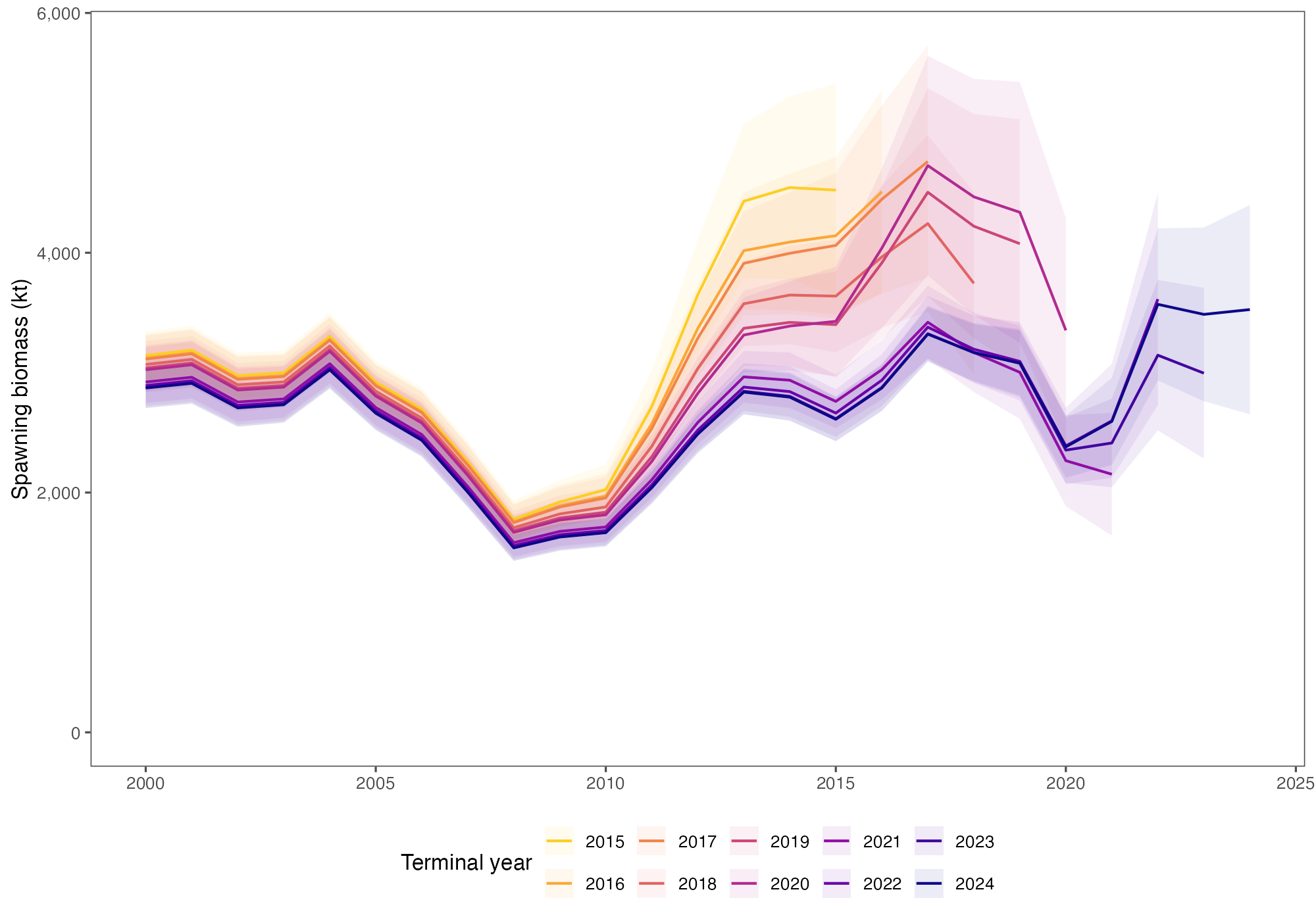 Spawning-biomass trajectories for Rceattle peels ending from 2015 through 2024, with broad translucent uncertainty bands. Earlier peels estimate substantially higher biomass during 2013 through 2019, but their uncertainty bands overlap considerably.