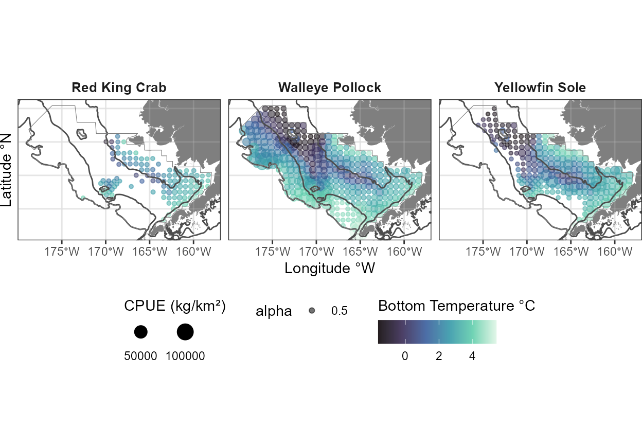 2023 species distribution relative densities (size) and bottom temperature (color). 