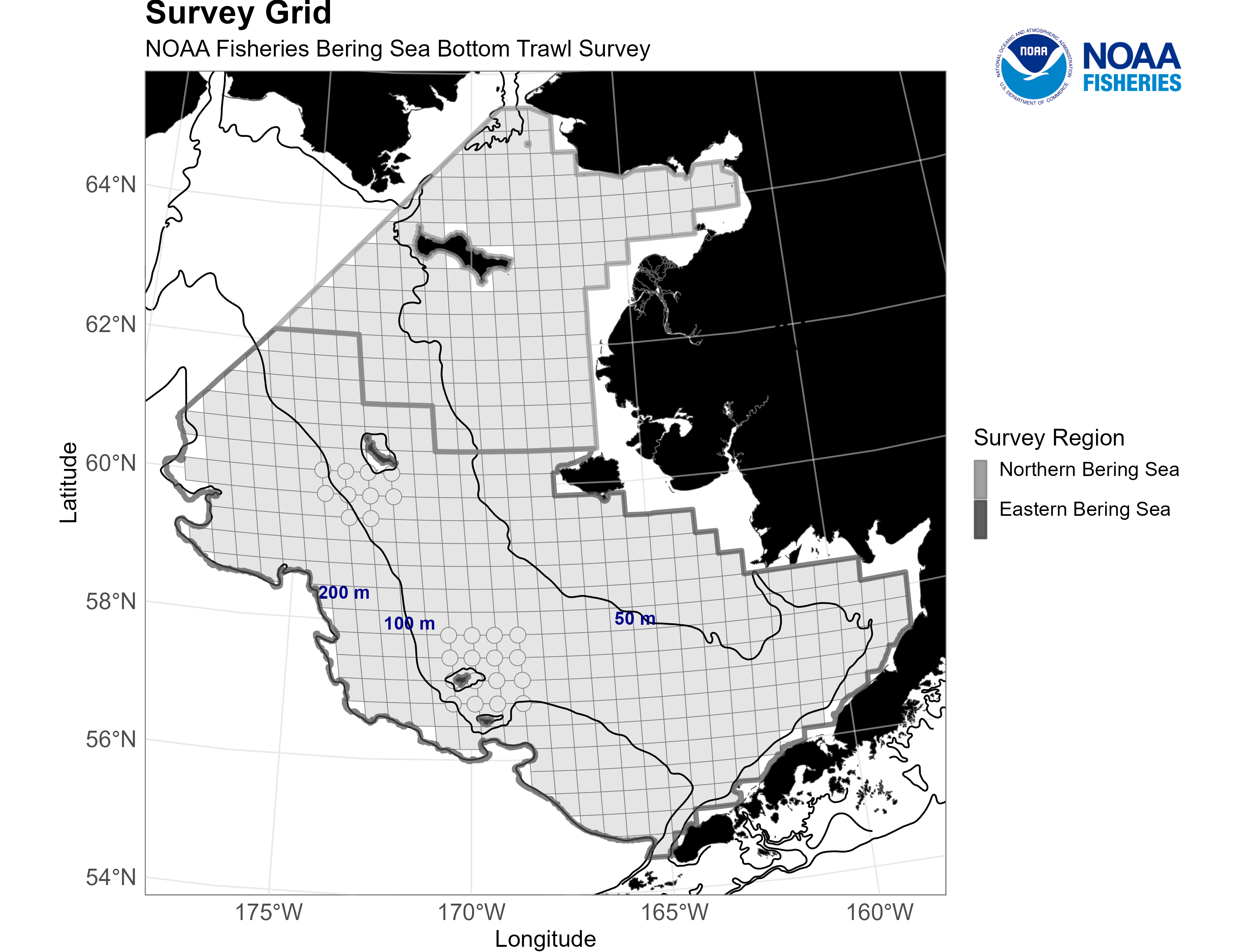 The grid of designated stations in the eastern Bering Sea and northern Bering Sea bottom trawl survey areas as well as the 50m, 100m, and 200m bathymetric boundaries. Credit: NOAA Fisheries